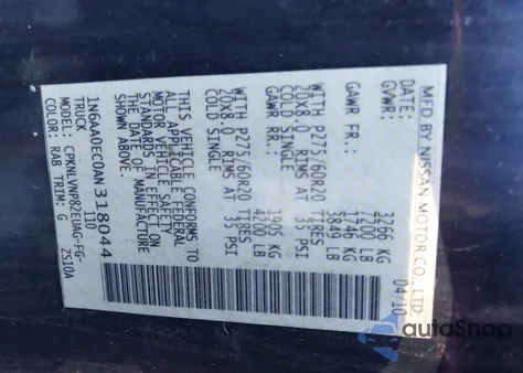 2010 Nissan Titan Le z USA, uszkodzony, nr VIN 1N6AA0EC0AN318044